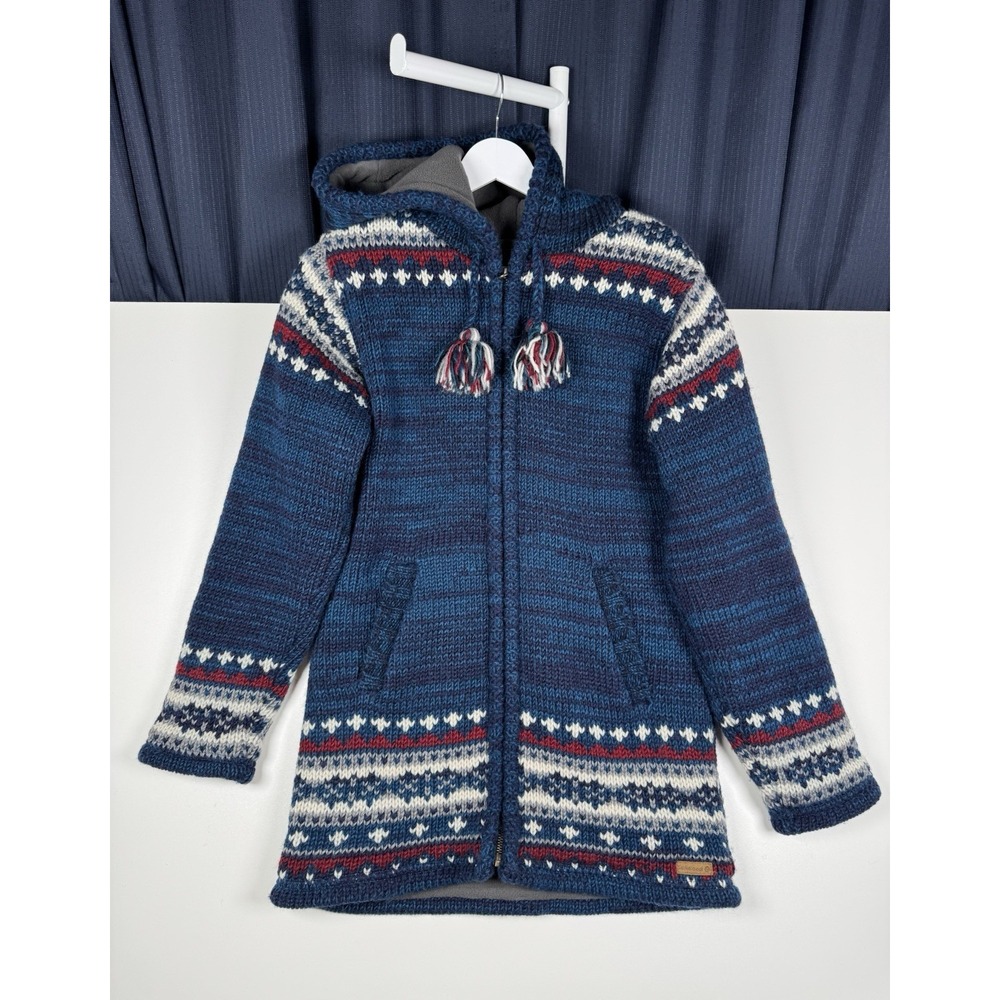 LAUNDROMAT 100% Wool Hooded Sweater Jacket Zip Pom Pom Handmade in Nepal Medium